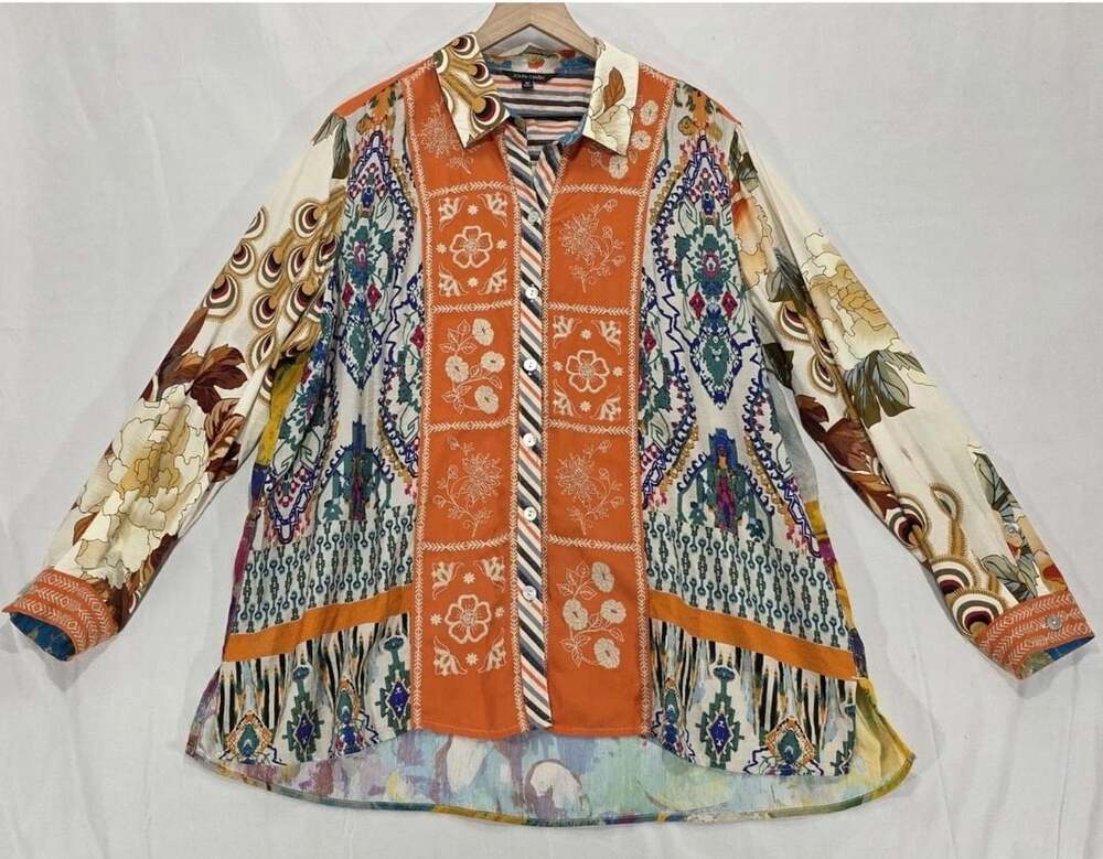 John Mark Point Collar Tunic Multi Color Roll up Sleeve Boho 1X